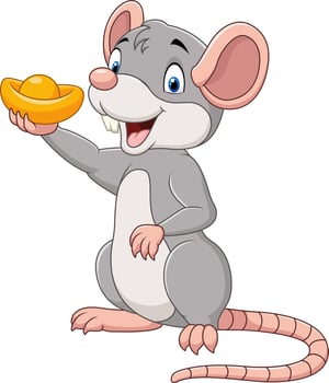 Cartoon rat holding gold ingot. Chinese New Year. Year of the rat. vector