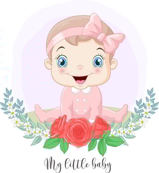 Cartoon cute little baby girl with flowers background vector