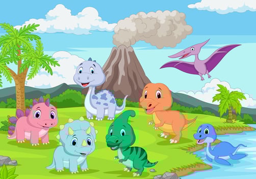 Cartoon baby dinosaurs in the jungle vector