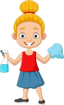 Cartoon little girl with sprayer bottle and rag vector