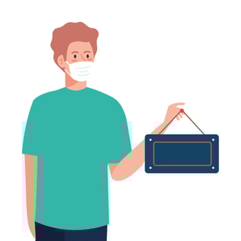 man wearing protective medical mask against covid 19, with hanging sign vector