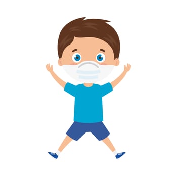 cute boy using face mask with hands up celebrating vector