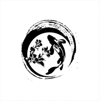 Koi fish and sakura flower logo in black ink, luck, prosperity, and good fortune vector