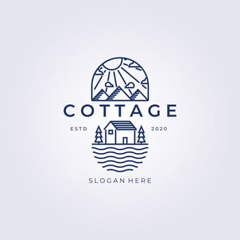 Cottage line art  logo vector illustration design, mountain river pine tree line art , or Cabin line art logo