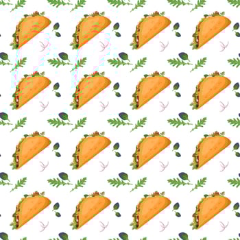 Seamless pattern with Mexican traditional taco food and green spinach. Fast food print for restaurant, cafe and design on white background. Vector flat illustration
