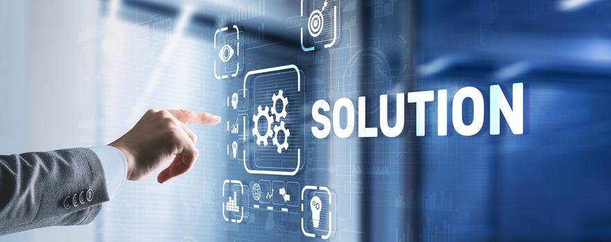 Solution. Businessman pressing on touch screen interface inscription Solutions. Business concept. Internet concept photo