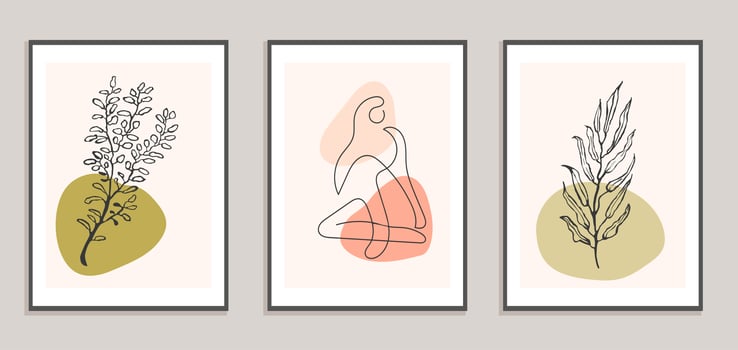 Set with collage modern poster with abstract shapes and one line illustrations of women body vector