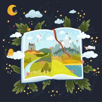 Illustration of open book with fabulous pictures vector