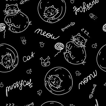Seamless Doodle pattern with Cats. Children's hand-drawn background. White outline on a black background. Chalk vector Illustration. Ideal for textile design, wrapping paper.