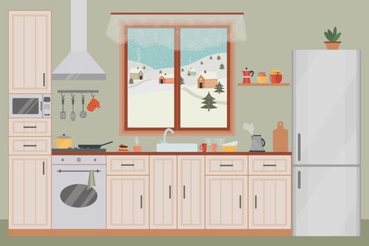 Cozy kitchen interior with a window. Refrigerator, oven, microwave, flowerpot, dishes. vector