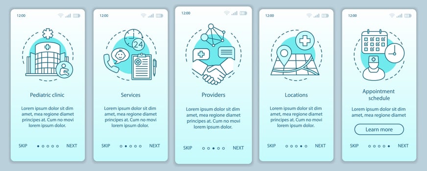 Pediatric clinic onboarding mobile app page screen vector template. Services, appointment schedule, locations. Walkthrough website steps with linear icons. UX, UI, GUI smartphone interface concept