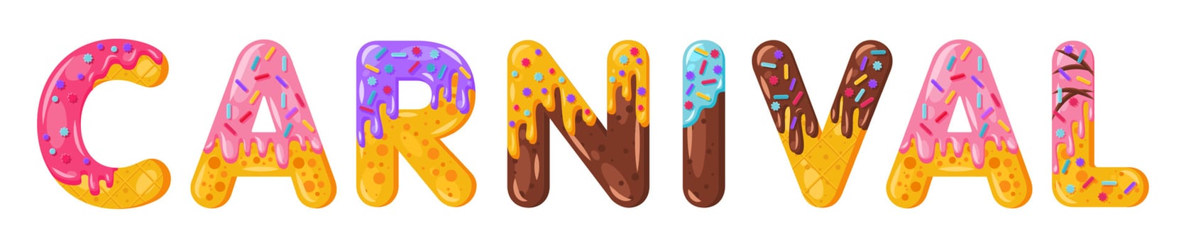 Donut cartoon carnival biscuit bold font style. Glazed capital letters. Tempting flat design typography. Cookies, chocolate letters. White background. Pastry, bakery, waffle isolated vector clipart