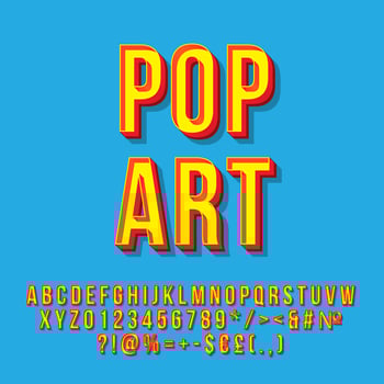 Pop art vintage 3d vector lettering. Retro bold font, typeface. Stylized text. Old school style letters, numbers, symbols pack. 90s poster, banner, t shirt typography design. Blue color background