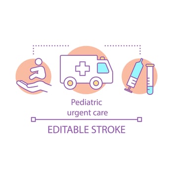 Pediatric urgent care concept icon. Child ambulance. First aid. Kids health care service. Round-the-clock medical assistance idea thin line icon. Vector isolated outline drawing. Editable stroke