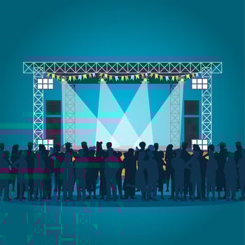 Summer music festival poster vector template. Open air concert. Brochure, cover, booklet page concept design with flat illustrations. Audience, stage. Advertising flyer, leaflet, banner layout idea