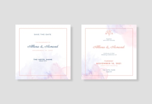 Beautiful watercolor wedding invitation square template vector