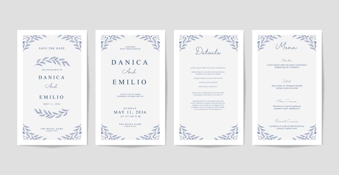 Wedding card collection template with leaves watercolor vector