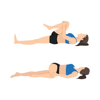 Woman doing Knee to Chest to Spinal Twist stretch exercise. Flat vector illustration isolated on white background