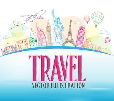 Travel Concept Design Background of Line Drawing of Famous Landmarks Around The World. vector