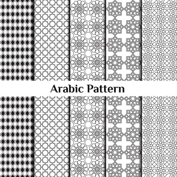 Set of 5 arabic patterns background. Geometric muslim ornament. grey on white color palette. vector illustration of islamic texture. traditional arab wallpaper