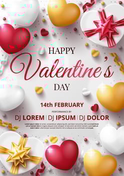 Valentine's day poster template with 3D hearts, love arrow and gift box. Vector illustration