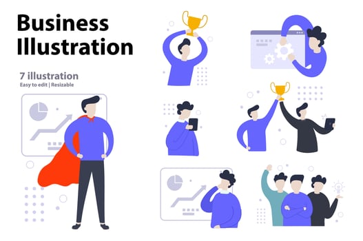 Business illustration concept. set of scenes of men with blue shirts involved in business development. vector illustration