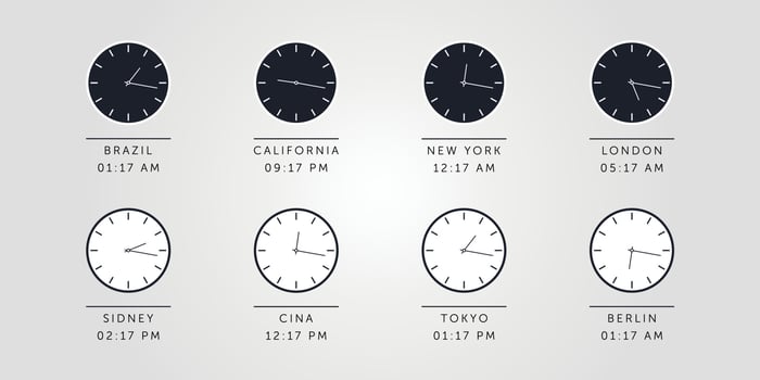 Set of day and night clock for time zones different cities.  Vector Illustration
