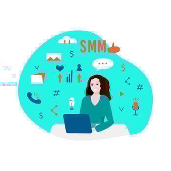 A SMM specialist works on a laptop. The concept of marketing in social networks or SMM, digital promotion. Vector illustration isolated on a white background. For website, app, landing web page.