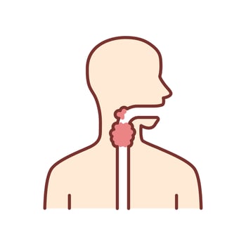 Ill throat color icon. Angina, tonsillitis. People disease. Upper section of alimentary canal. Sick internal body part. Gastrointestinal tract. Isolated vector illustration