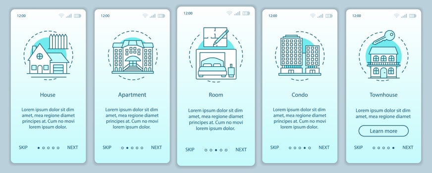 Property onboarding mobile app page screen with linear concepts. House, apartment, room, condo, townhouse blue walkthrough steps graphic instructions. UX, UI, GUI vector template with illustrations