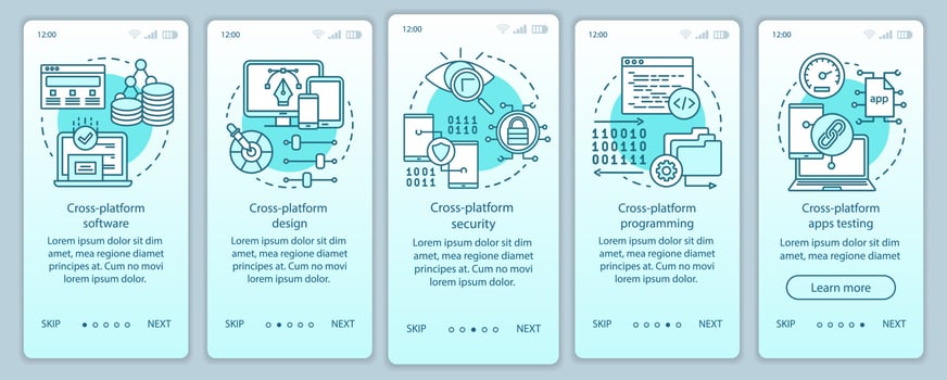 Cross platform software onboarding mobile app page screen vector template. Application design, testing. Walkthrough website steps with linear illustrations. UX, UI, GUI smartphone interface concept