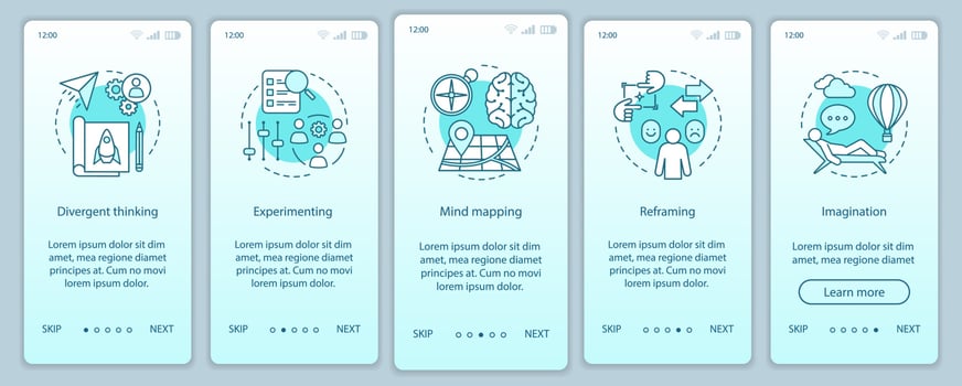 Professional qualities onboarding mobile app page screen vector template. HR soft skills. Imagination, experimenting, reframing. Walkthrough website steps. UX, UI, GUI smartphone interface concept