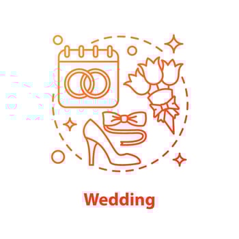 Wedding concept icon. Engagement idea thin line illustration. Marriage celebration. Calendar with rings, flower bouquet, dress. Vector isolated outline drawing