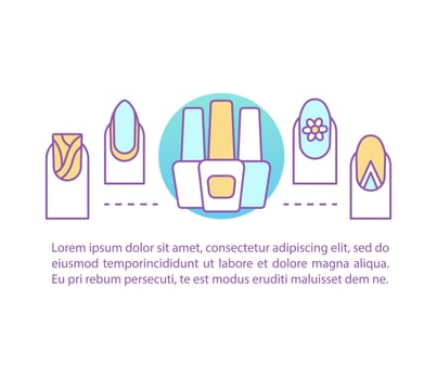 Manicure concept linear illustration. Nail salon. Article, brochure, magazine page layout. Nail polish. Beauty salon. Thin line icons with text boxes. Print design. Vector isolated outline drawing