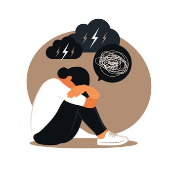 Woman in depression with bewildered thoughts in her mind. Young sad girl sitting in window and hugging her knees. Flat style vector