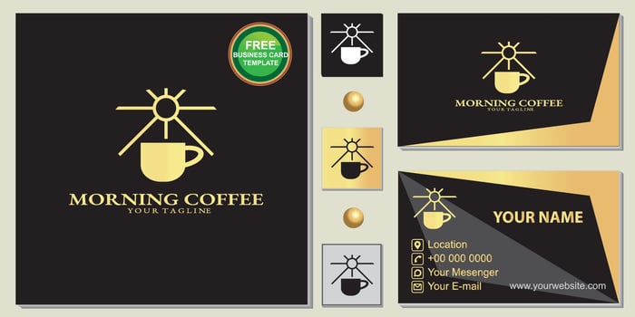 Luxury gold morning coffee shop logo, simple black, free premium business card template vector eps 10