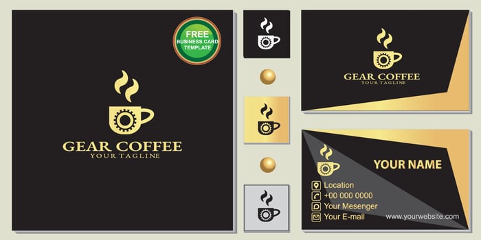 Luxury gold gear coffee shop logo, simple black, free premium business card template vector eps 10