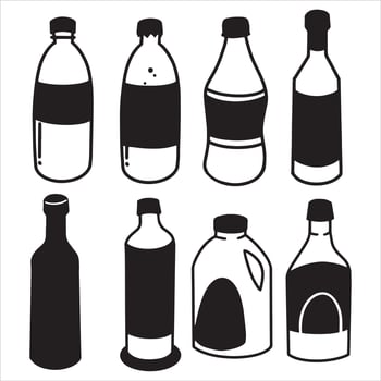 various shapes of plastic bottles mineral water drink silhouette icon. black white hand drawn vector illustration