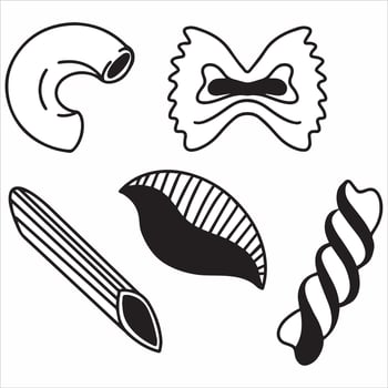 Traditional italian pasta set, pasta types icons, pasta clip art, hand drawn black white vector illustration