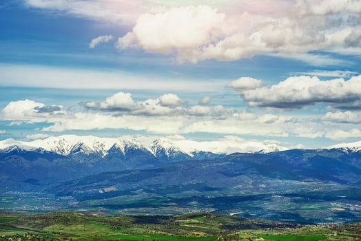 View of the mountain valley with rocks, forests and meadows The best place for active life, climbing, hiking photo