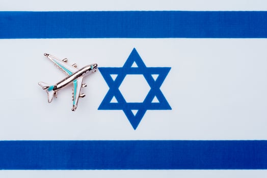 Flag of Israel and the plane. The concept of travel. photo