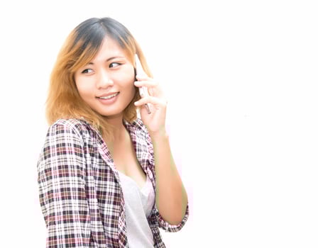Portrait of happy young Woman Talking On Mobile Phone photo