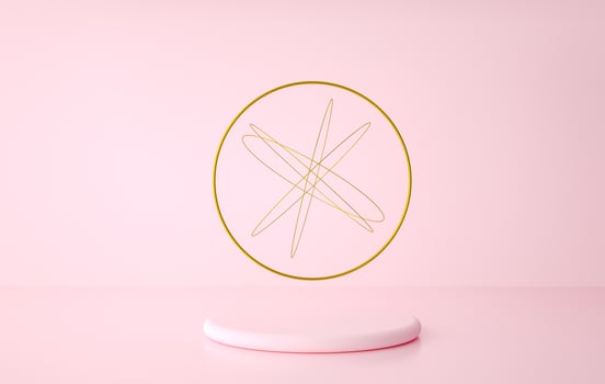 pastel cylinder pedestal with golden ring and geometric shapes mock up 3d rendering photo
