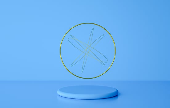 pastel cylinder pedestal with golden ring and geometric shapes mock up 3d rendering photo
