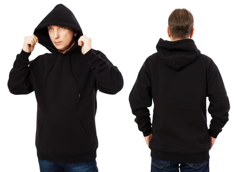 Man hoody set, black hoody front and back view, hood mock up. Empty male hoody copy space. Front and rear background photo