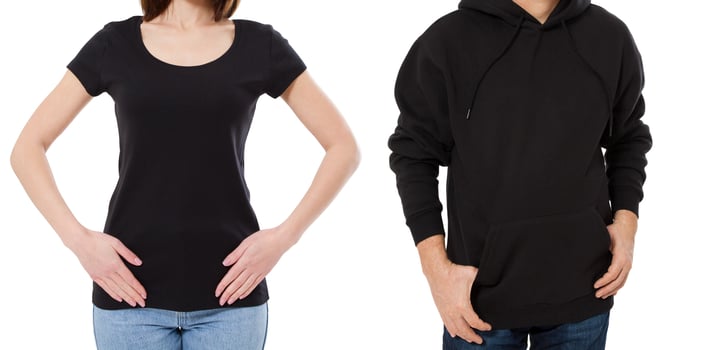 Set t shirt and hoodie mock up front view copy space, woman in t-shirt and man in hoody sweatshirt background copy space photo