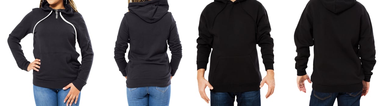 female and male hoodie mock up isolated - hood set front and back view, girl and man in empty black pullover photo