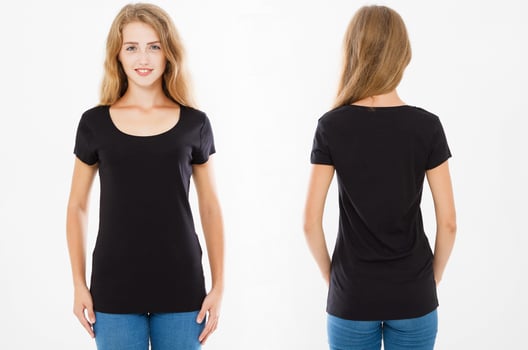 collage t shirt. Caucasian woman,girl in black tshirt isolated on white background, template,blank photo
