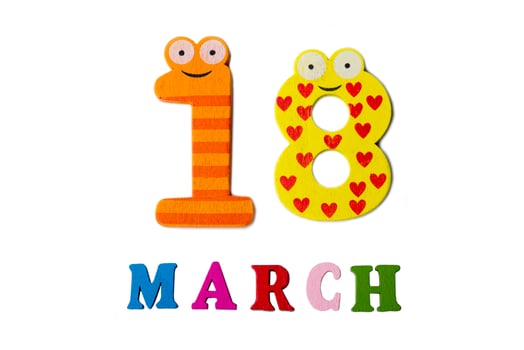 March 18 on white background, numbers and letters. photo