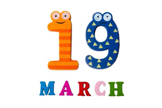 March 19 on white background, numbers and letters. photo
